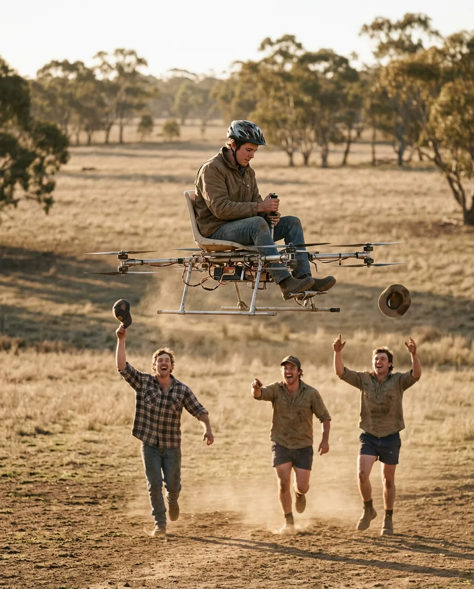 Temu Human Drone: What Casa Law Says About Flying One Here 1 A Young Bloke In A Bike Helmet Flying A Homemade Single-Seat Multirotor Over A Dry Australian Paddock While His Mates Cheer Below