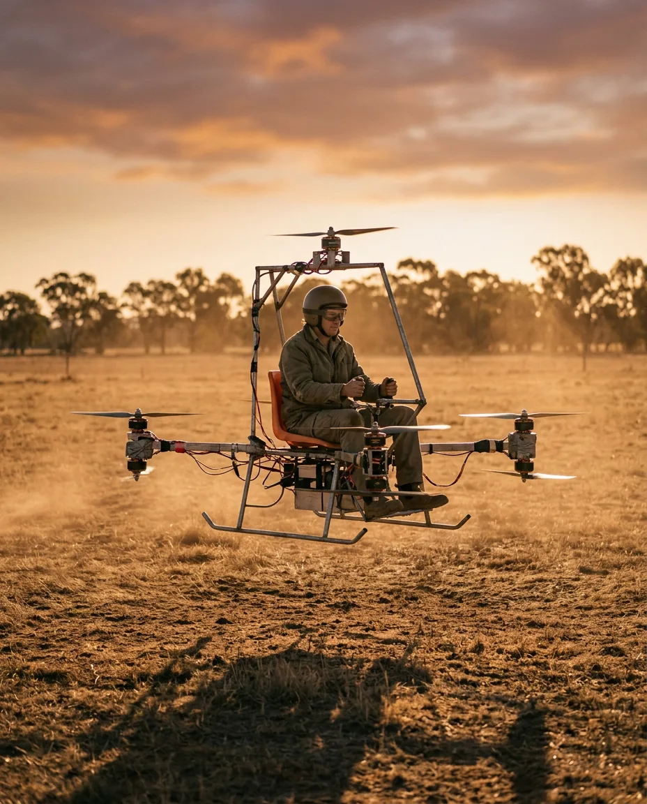 Temu Human Drone: What Casa Law Says About Flying One Here 4 A Homemade Evtol With No Redundancy Or Safety Systems Hovering Low Over A Paddock