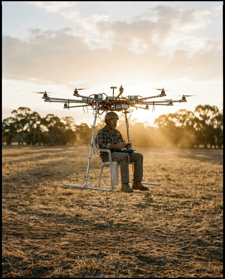 Temu Human Drone: What Casa Law Says About Flying One Here 3 An Uncertified Diy Passenger Drone With Exposed Wiring Hovering At Sunset
